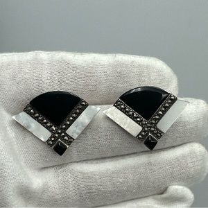 Vintage Mother Of Pearl Onyx & Marcasite Clip On Earrings #734